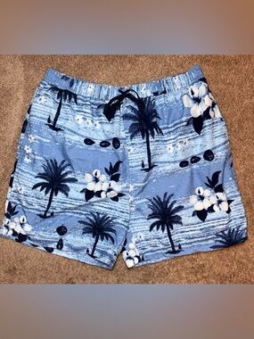 Mens Swim Trunks Large Blue Tropical Palm Tree Beach Shorts Sand N Sun L 36 38